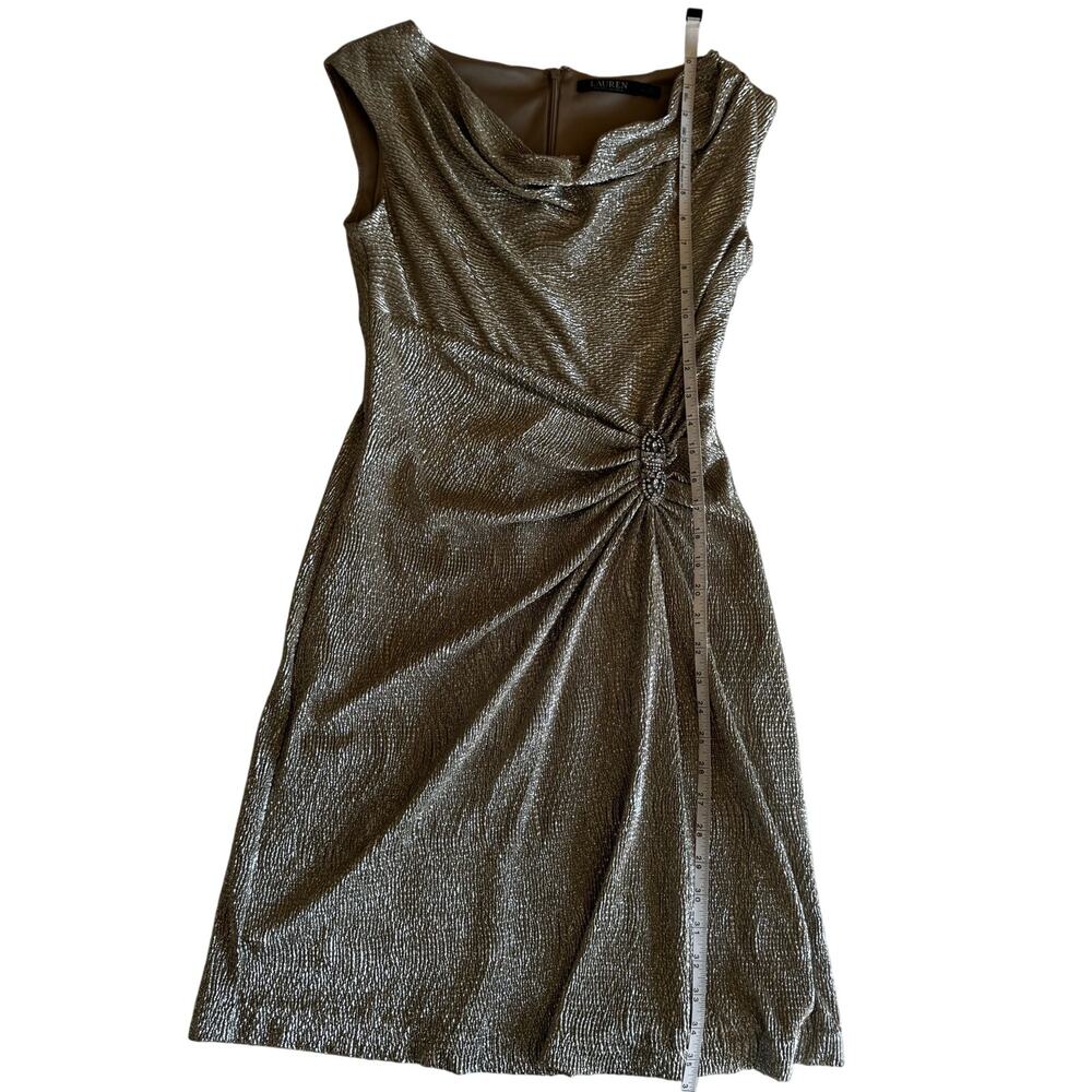 Lauren Ralph Lauren Gold Metallic Cowl Neck Ruched Dress 6 Wedding Guest Event - Picture 9 of 16